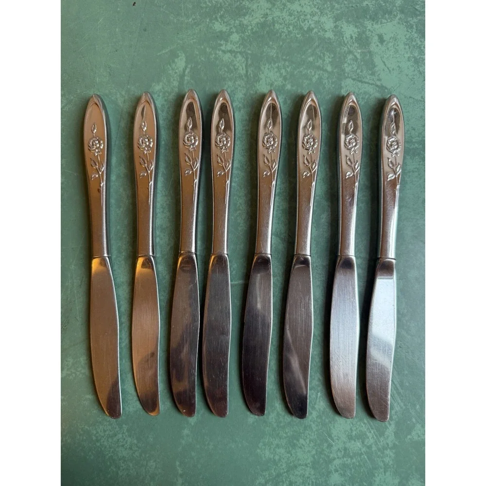 Floral Rose Stainless Steel Butter Knife Set Of 8 Unmarked Vintage Cottagecore